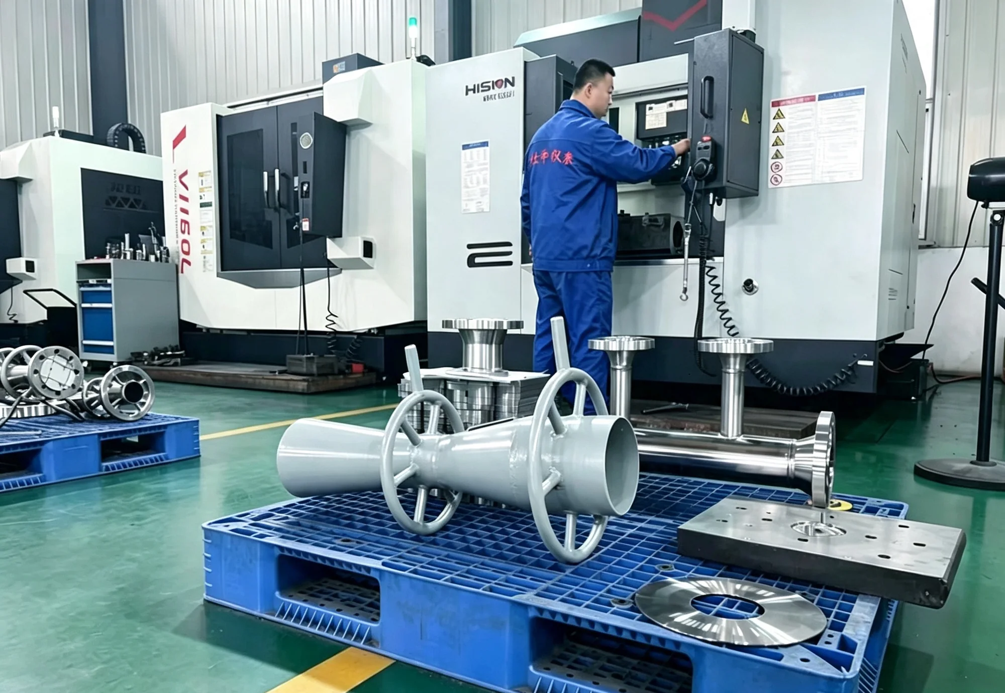 CNC machining center with completed flow meter assemblies awaiting downstream inspection