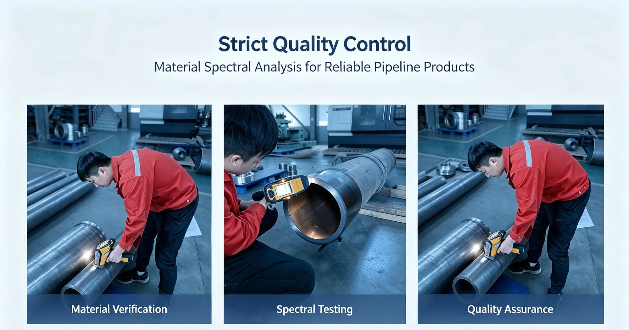 Spectral material verification performed on alloy pipe components at the Shizhong factory