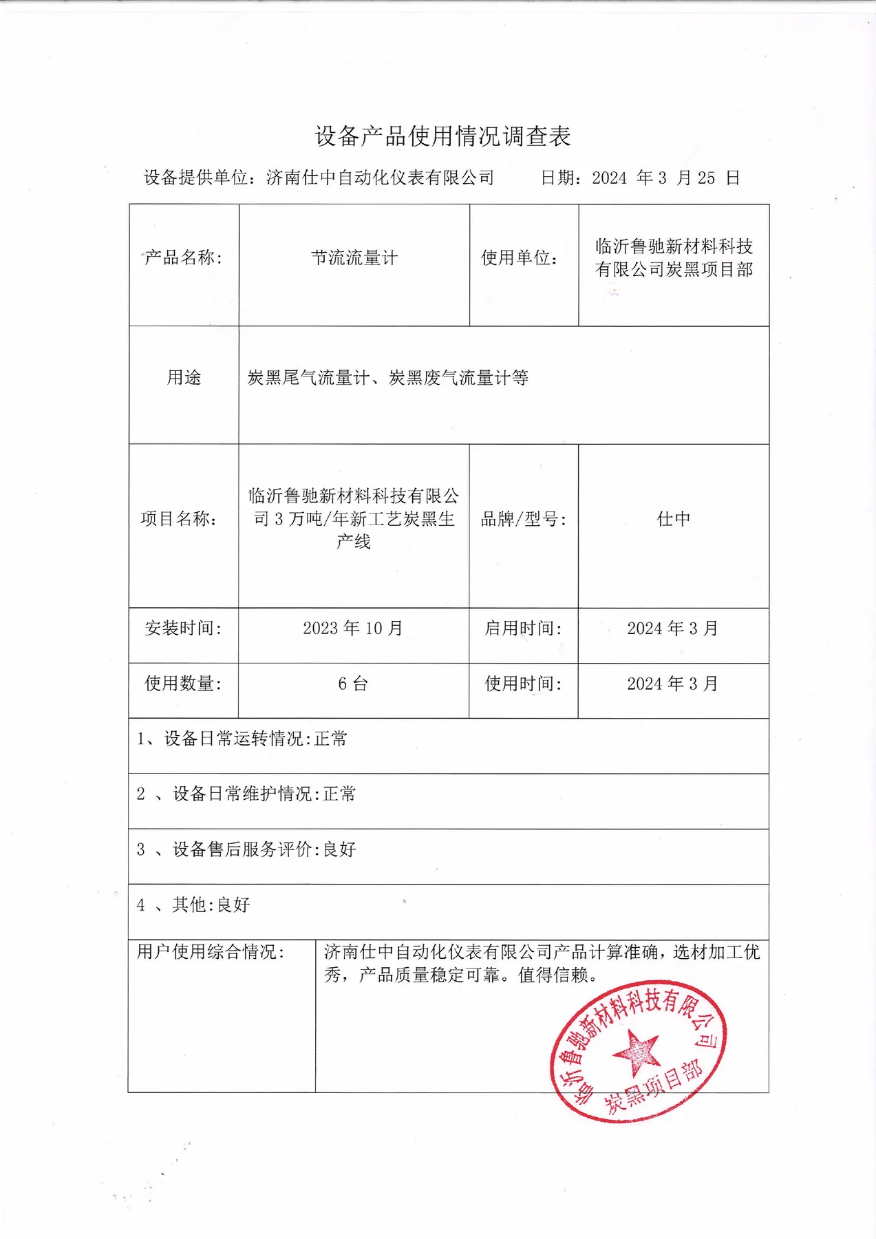 Stamped equipment-use feedback form from Linyi Luchi New Material Technology
