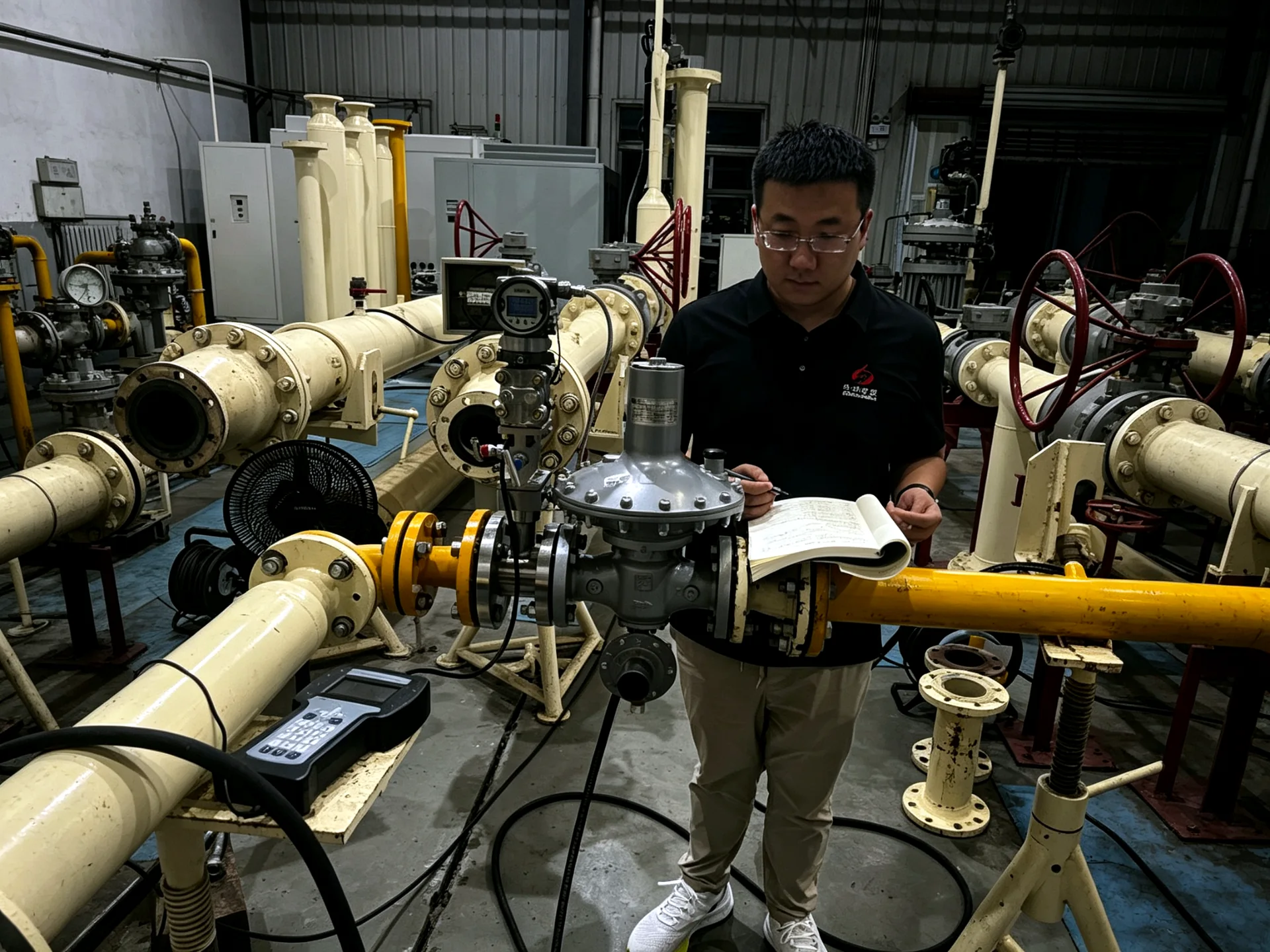 Technician inspecting balanced flow meters on a gas-regulator skid in the workshop