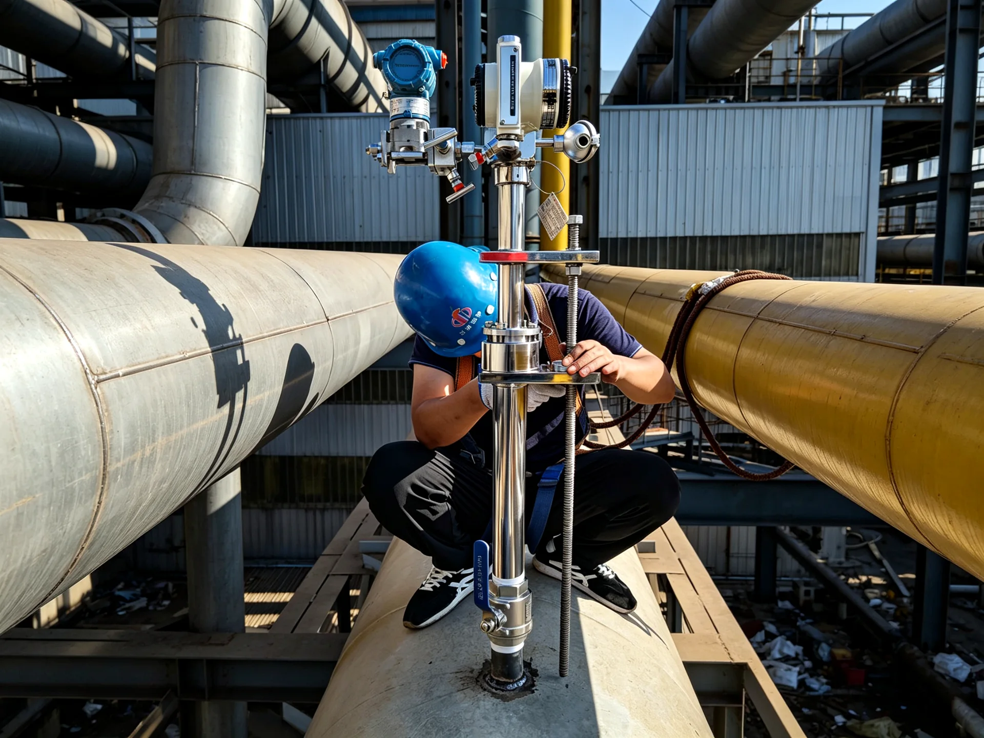 Technician commissioning a large-line averaging Pitot flow meter
