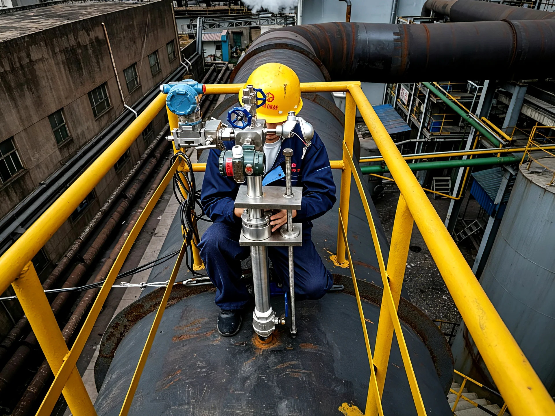 Averaging Pitot tube and differential pressure transmitter installed on a large steel-plant gas pipe