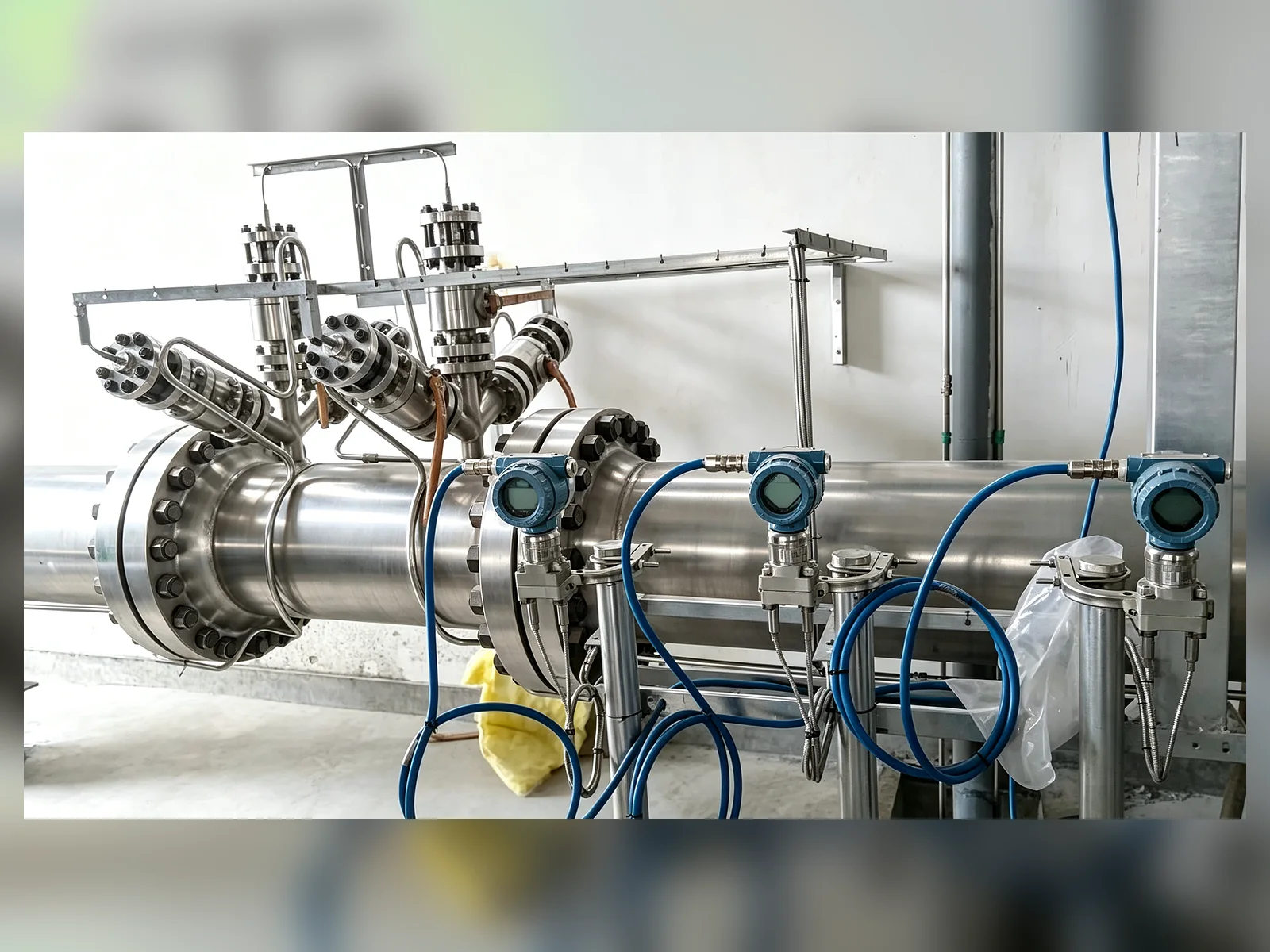 Chemical-process wedge flow meter with three differential-pressure transmitters for separate measurement and safety-interlock channels