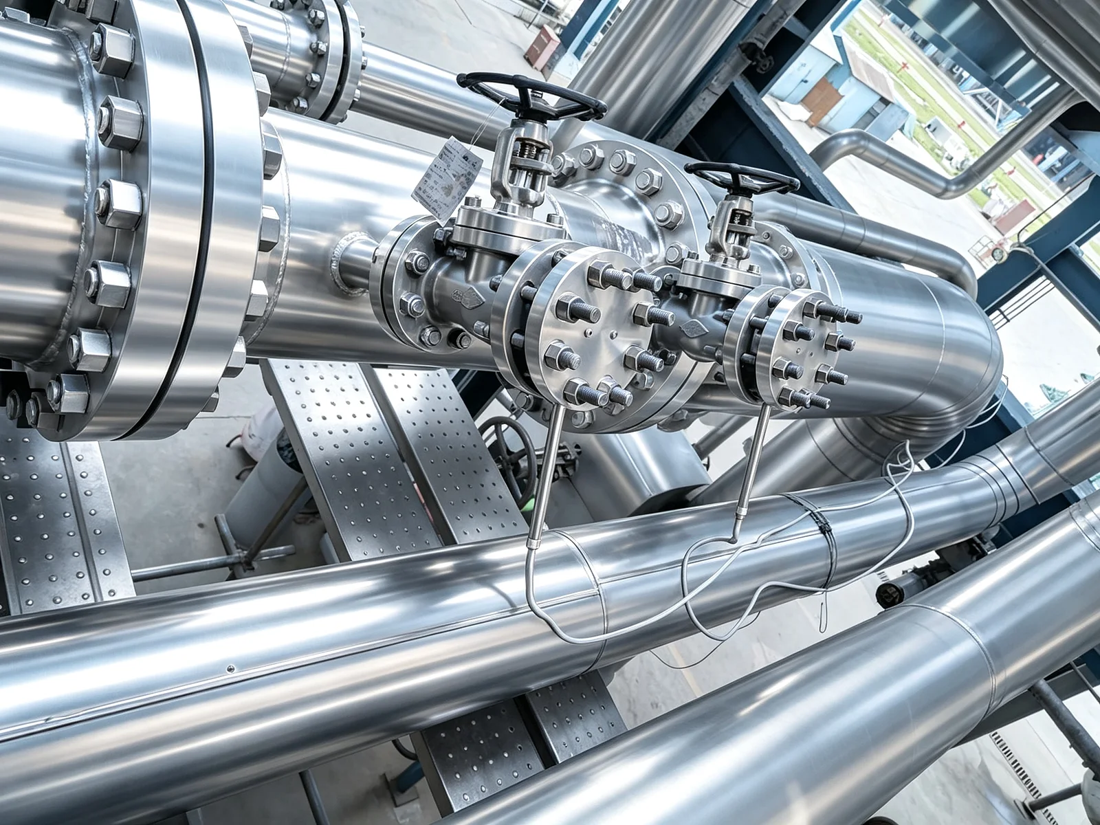 Wedge flow meter assemblies installed in a stainless process-piping system for the documented UPC project