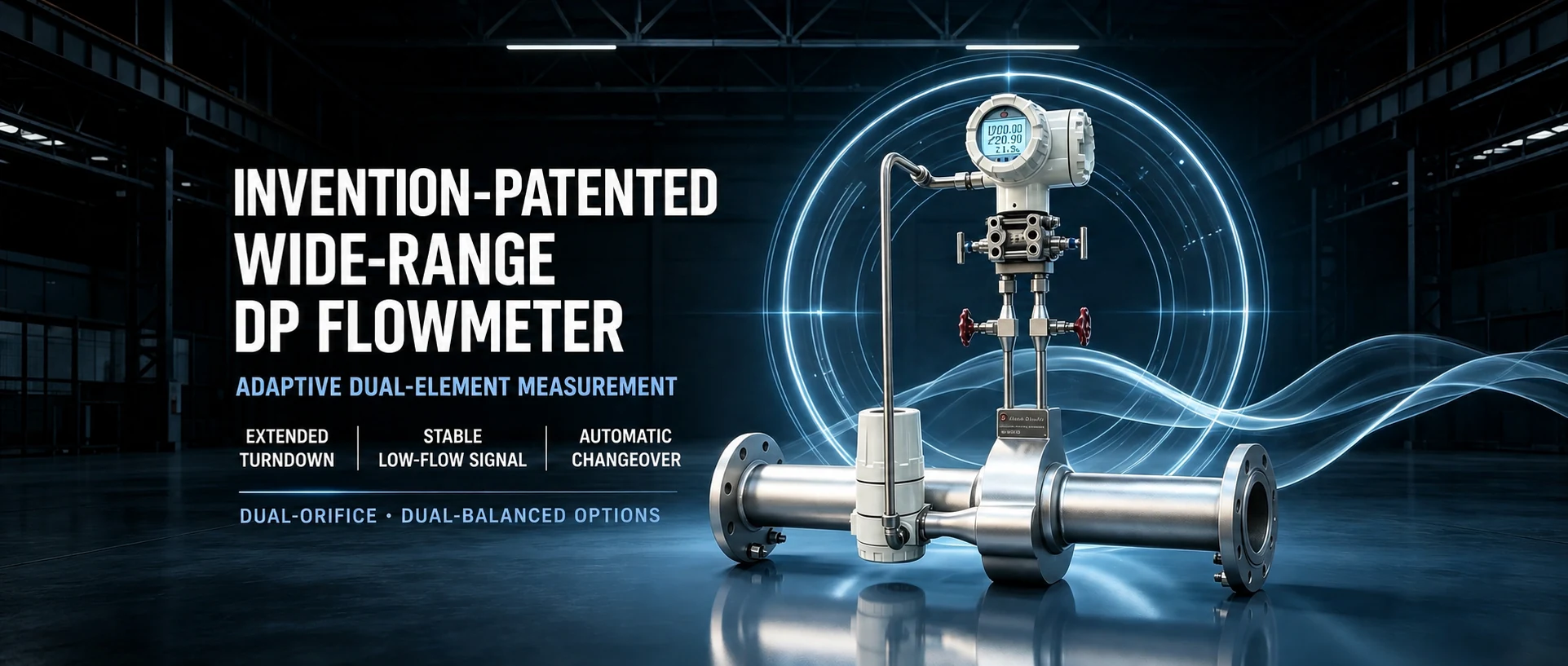 Invention-patented Shizhong adaptive wide-range differential-pressure flowmeter with dual-orifice and dual-balanced options
