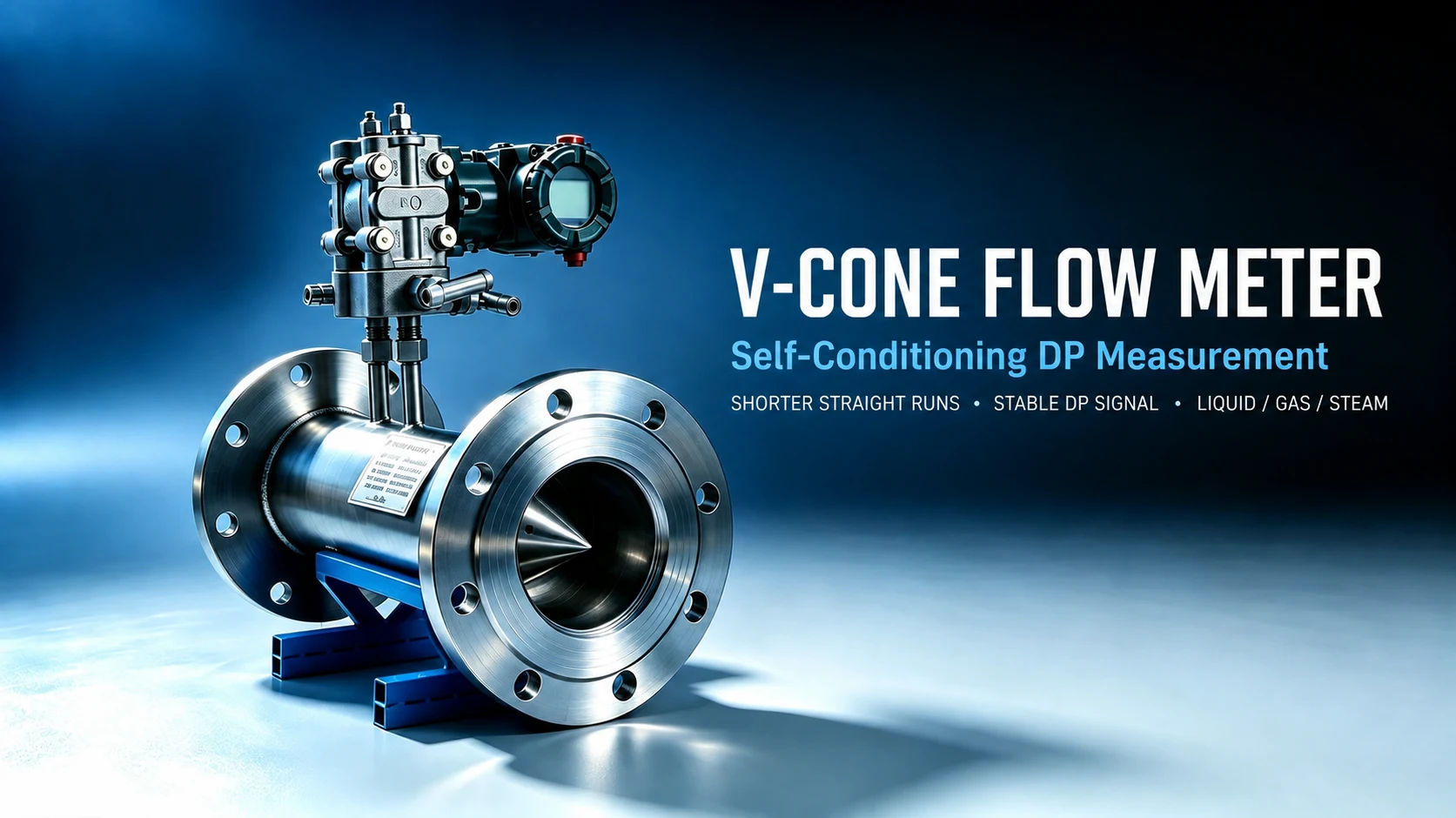 Integrated V-Cone differential-pressure flow meter with headline highlighting shorter straight runs, stable DP signal and liquid, gas and steam service